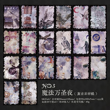 Purple witchy journaling papers featuring moons, an owl, star charts and illustrated architectural details.