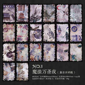 Purple witchy journaling papers featuring moons, an owl, star charts and illustrated architectural details.