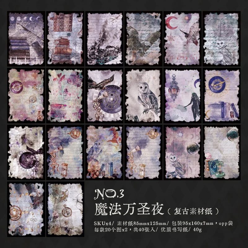 Purple witchy journaling papers featuring moons, an owl, star charts and illustrated architectural details.