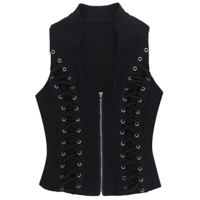 Gothic lace-up tank laid flat with front zipper and eyelet rows