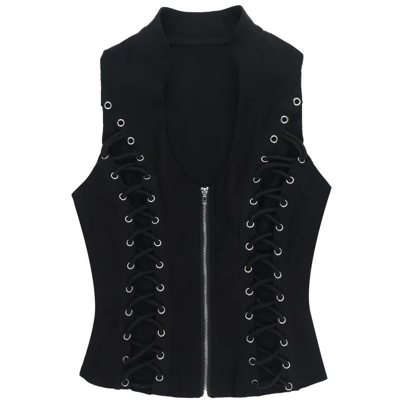 Gothic lace-up tank laid flat with front zipper and eyelet rows
