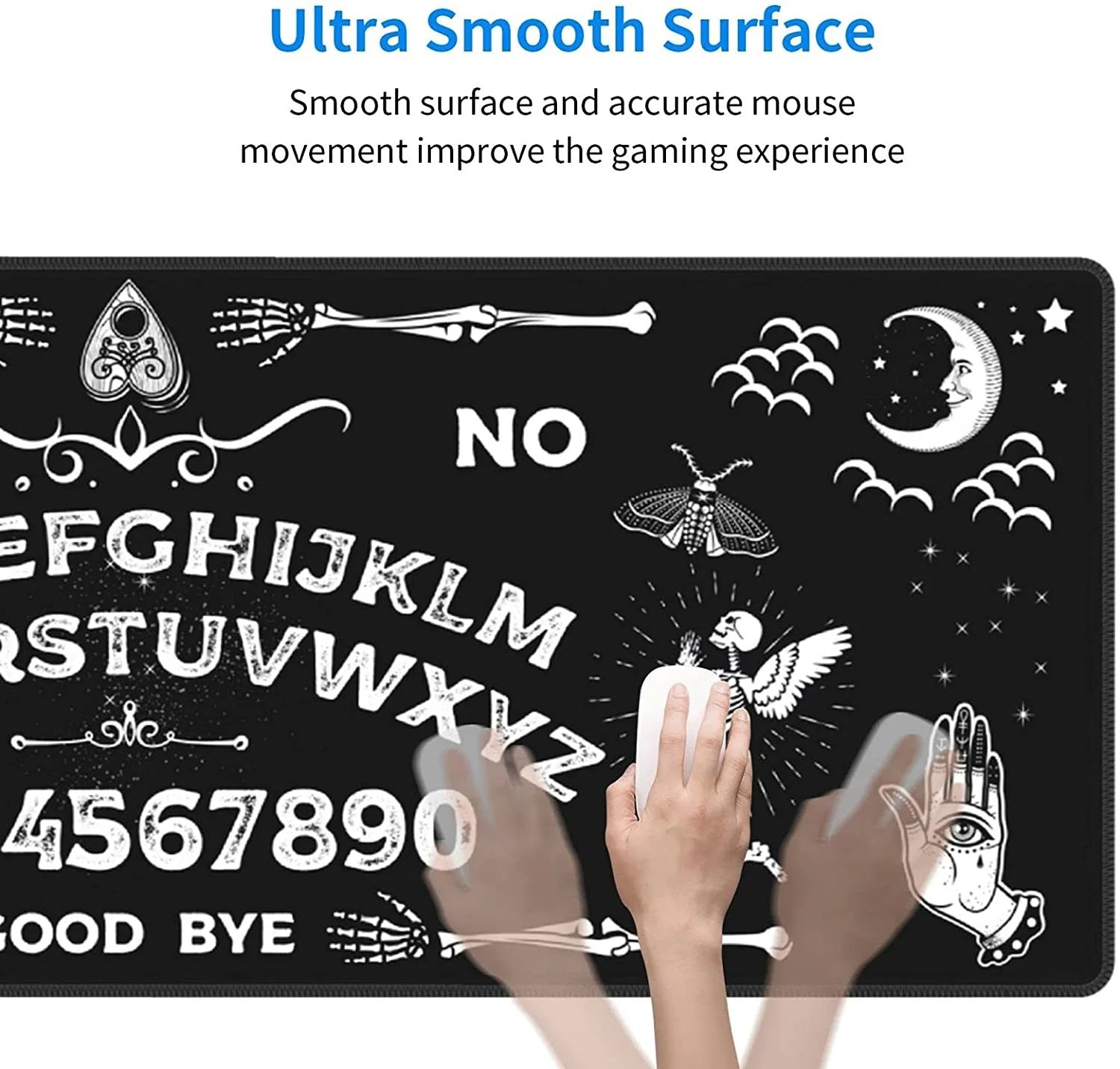 Close-up of the gothic Ouija mousepad beside a hand, with the moon, moth and winged skeleton artwork visible. An illustrated motion trail accompanies the smooth-surface feature text.