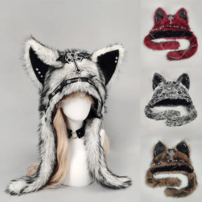White gothic plush cat ear hat on a mannequin with smaller burgundy, gray and brown color examples.