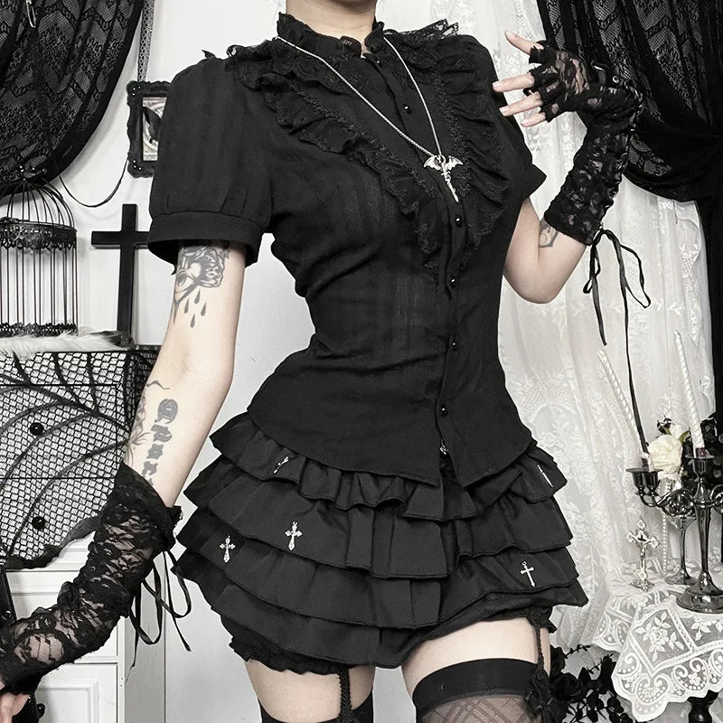 Gothic puff sleeve blouse styled with a layered black skirt