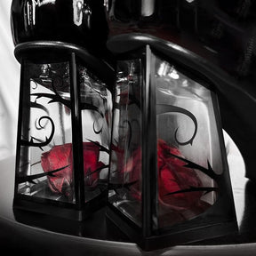 Tight detail of red roses inside clear geometric block heels, framed by black decorative lines beneath glossy dark shoe uppers.