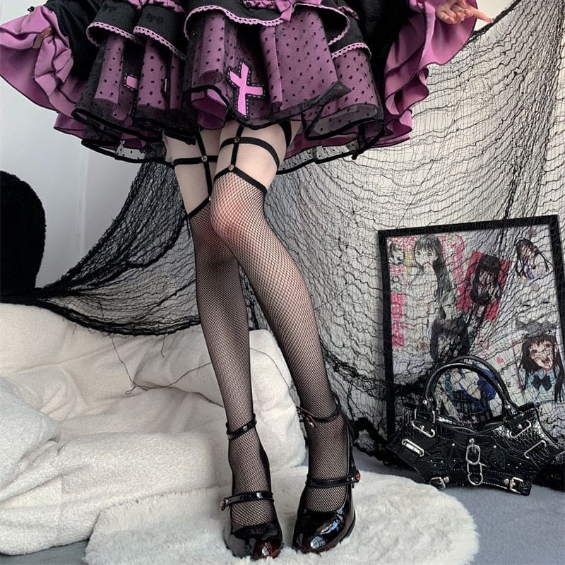 Full styled view of dark Mary Jane heels with patterned tights and a purple-and-black skirt. Red strap accents and clear rose heels add small flashes of color.