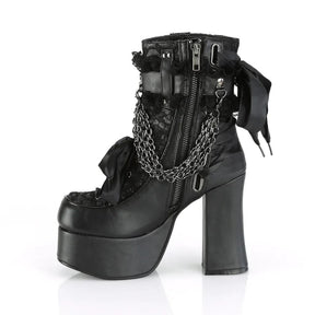 Angled side view of a black gothic platform ankle boot, showing the zipper, lace detail and silver-tone chains.