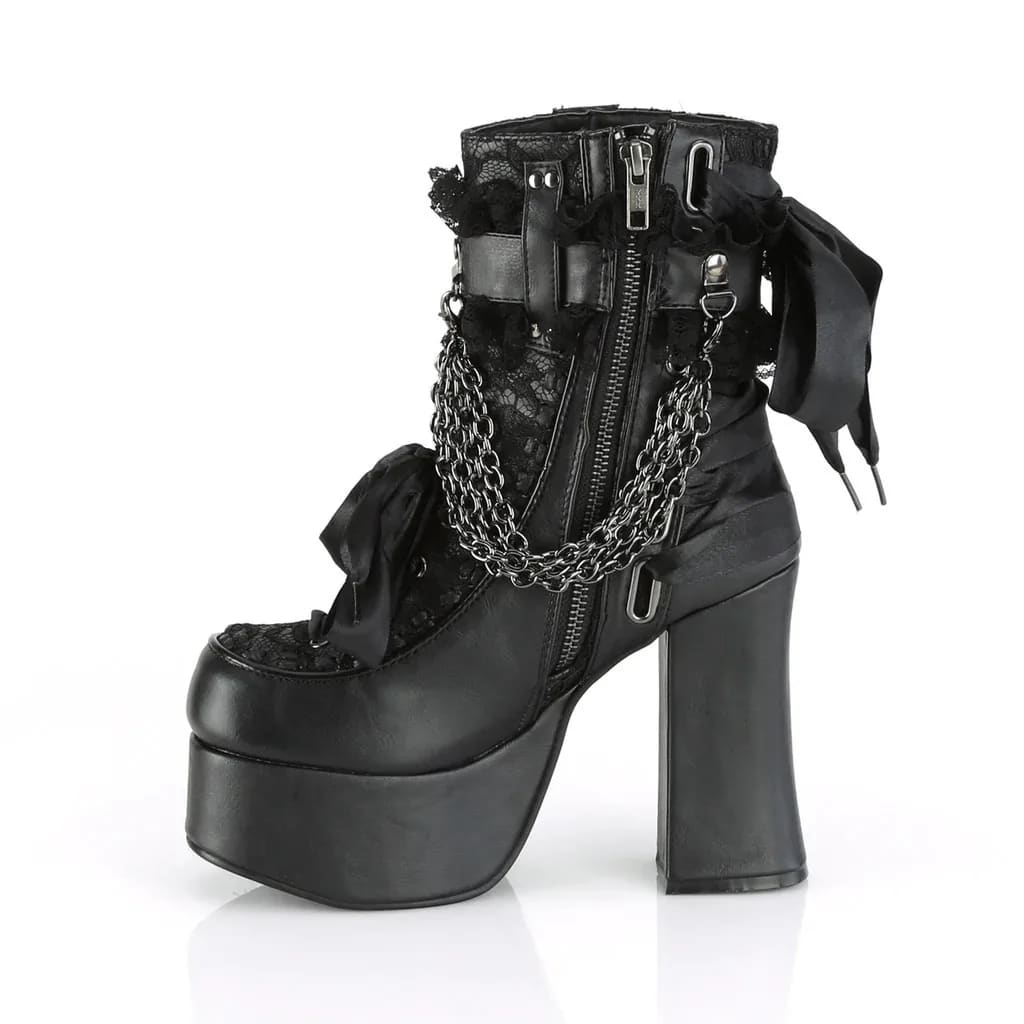 Black gothic ankle boot side view highlighting the zipper closure, lace panel and layered decorative chains.