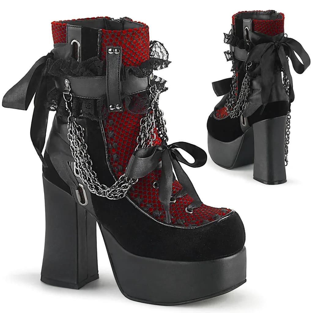 Red lace gothic ankle boot pair with black trim, displaying the ribbon-laced front and bow at the back.