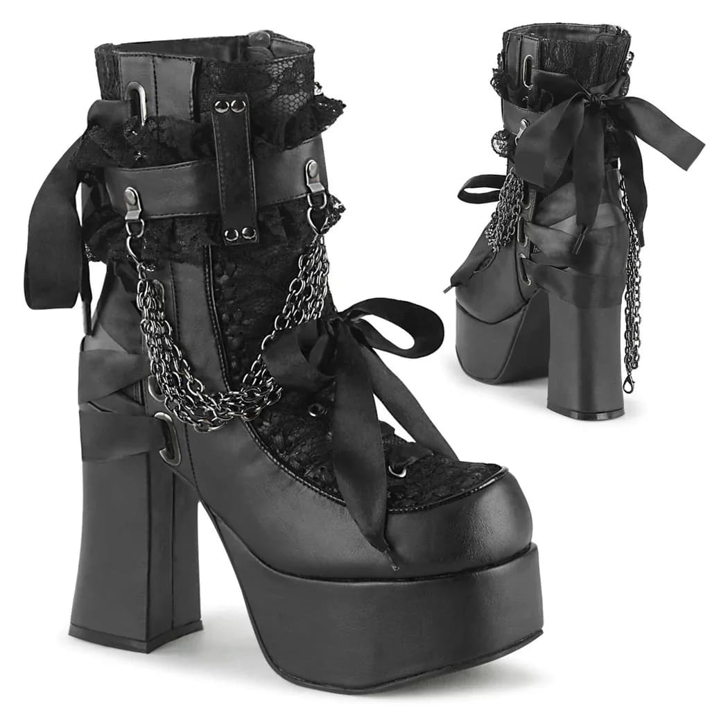 Black lace and bow gothic boot pair on a white background, showing the front platform and rear block heel.