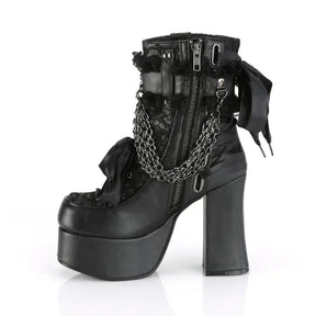 Side profile of a black lace platform ankle boot with a zipper, decorative chains and a chunky block heel.