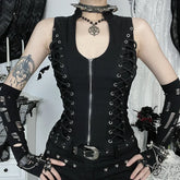 Gothic zip-front tank showing curved neckline and symmetrical lacing