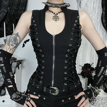Gothic zip-front tank showing curved neckline and symmetrical lacing