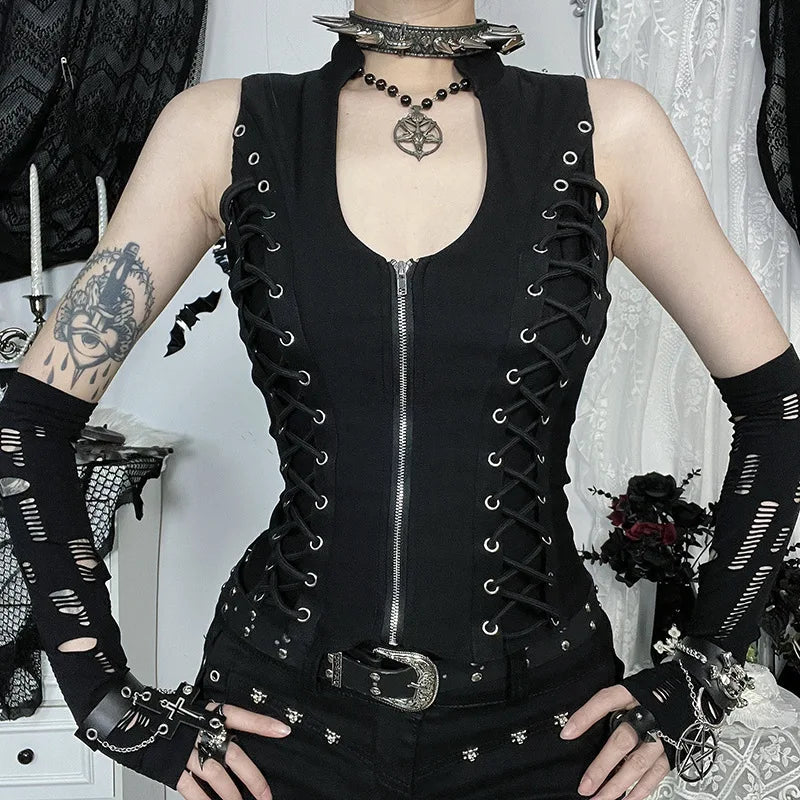 Gothic zip-front tank showing curved neckline and symmetrical lacing