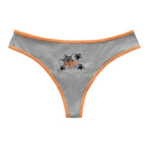 Gray ribbed Halloween thong with orange trim, black spiderweb artwork and orange Boo lettering at the front.
