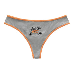 Gray ribbed Halloween thong with orange trim, black spiderweb artwork and orange Boo lettering at the front.