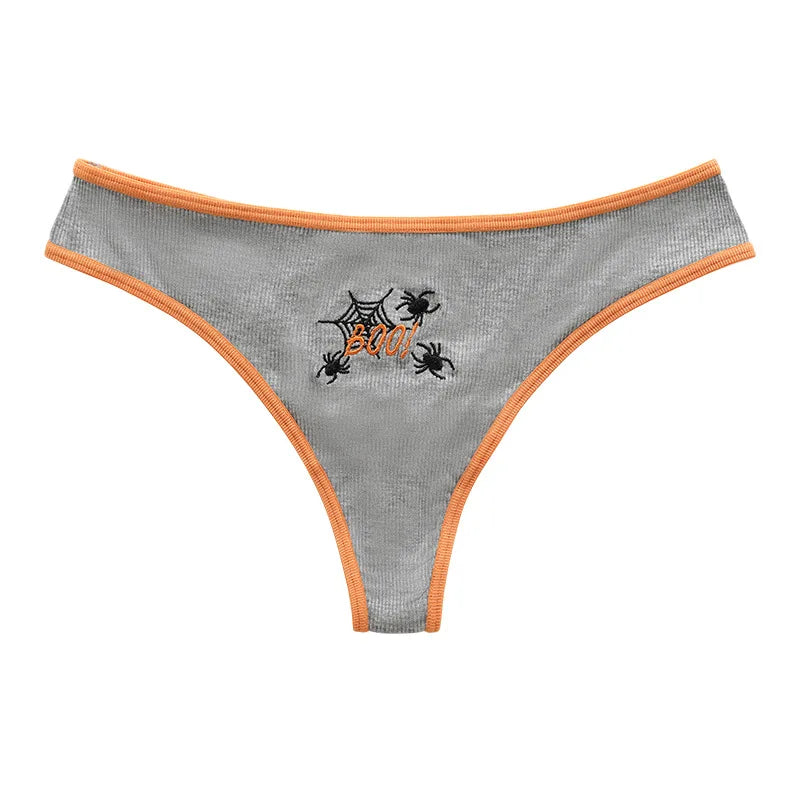 Gray ribbed Halloween thong with orange trim, black spiderweb artwork and orange Boo lettering at the front.