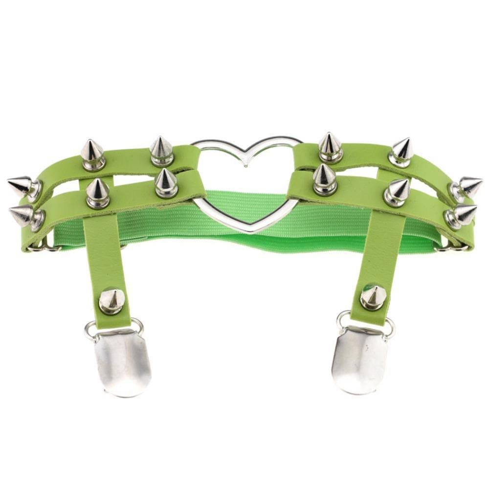 Lime green double-band thigh garter with pointed silver-tone studs, a heart ring and matching green straps ending in stocking clips.
