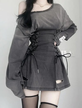 Gray grunge mini dress with laced waist and distressed flared hem