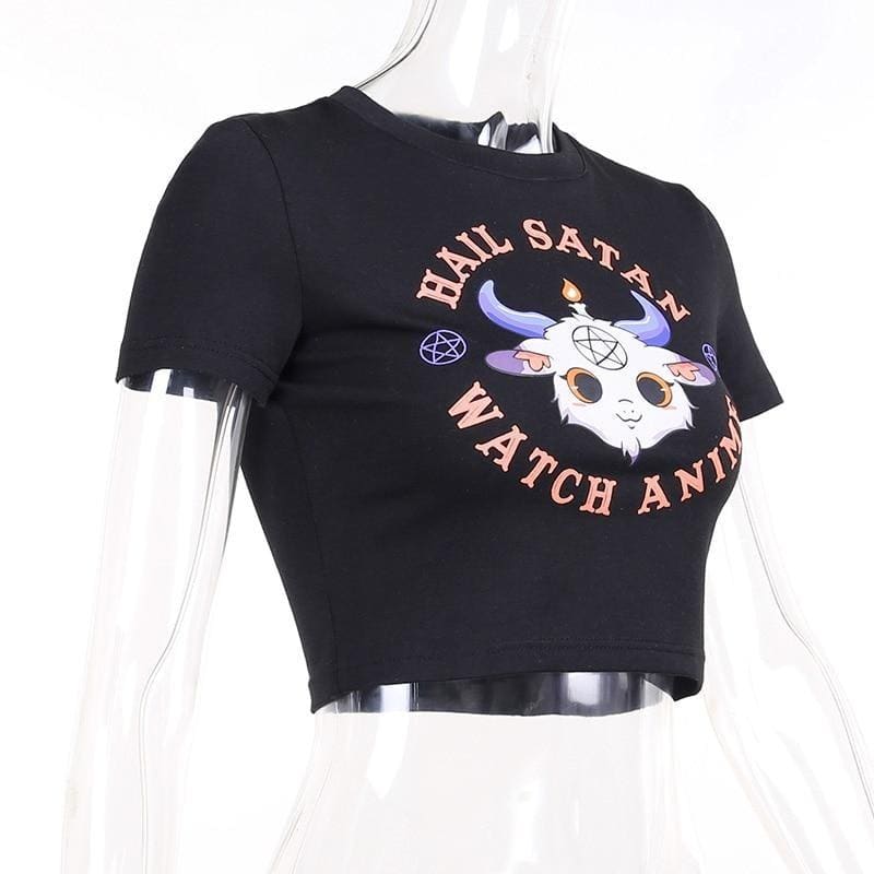 Hail Satan Watch Anime Crop Top - black, clothes, clothing, crop tops, goth