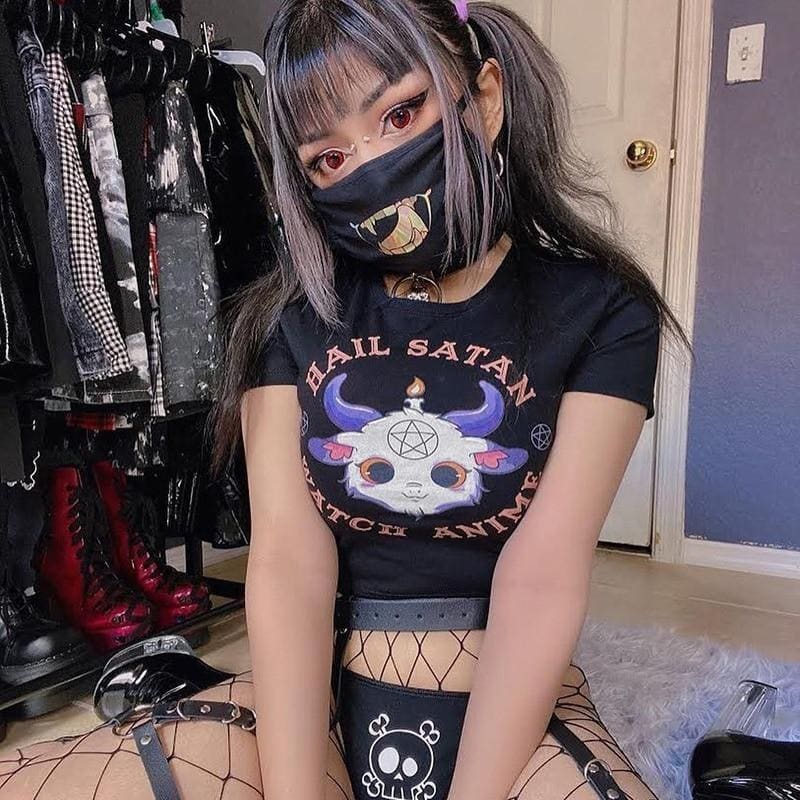 Hail Satan Watch Anime Crop Top - black, clothes, clothing, crop tops, goth