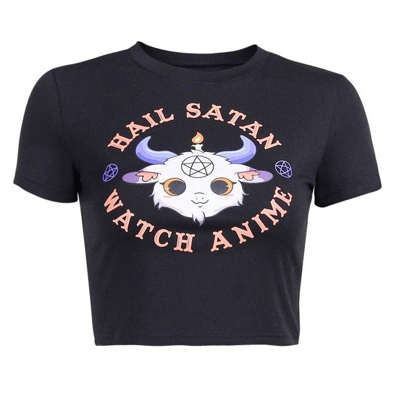 Hail Satan Watch Anime Crop Top - black, clothes, clothing, crop tops, goth