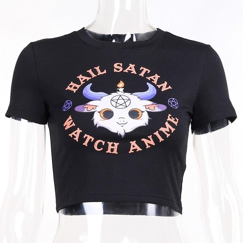 Hail Satan Watch Anime Crop Top - black, clothes, clothing, crop tops, goth