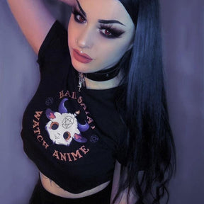 Hail Satan Watch Anime Crop Top - black, clothes, clothing, crop tops, goth