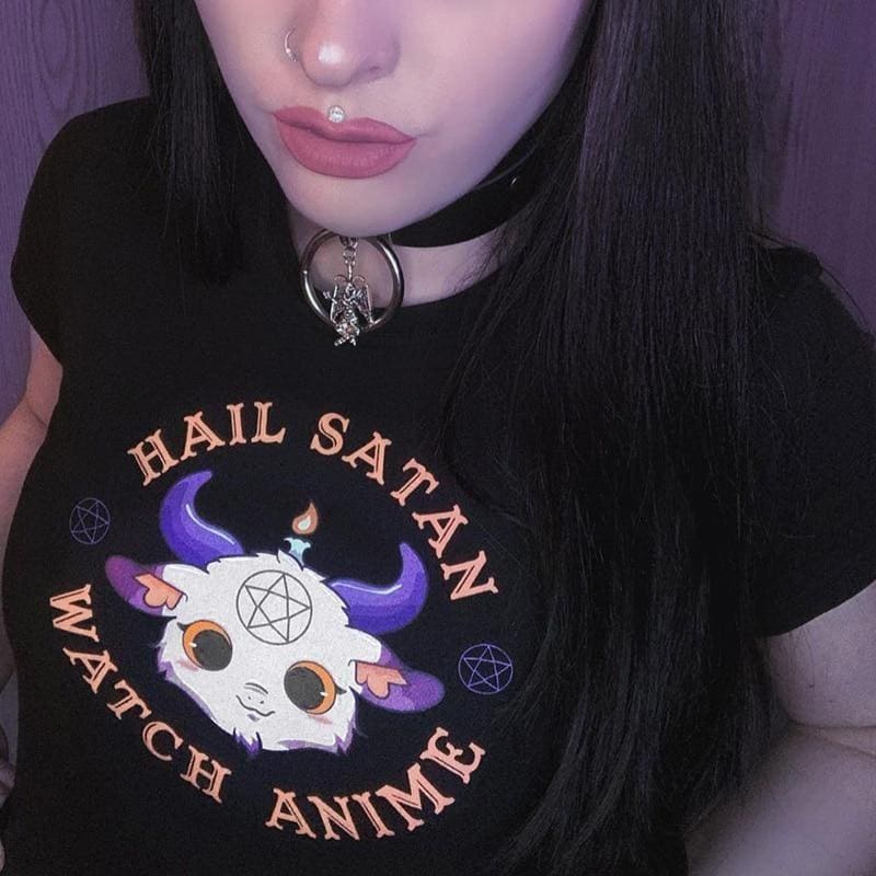 Hail Satan Watch Anime Crop Top - black, clothes, clothing, crop tops, goth