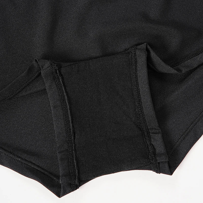 Close-up of the interior gusset and seams on the black Halloween briefs.