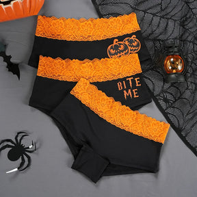 Black Halloween briefs with orange lace, shown in pumpkin and Bite Me designs.