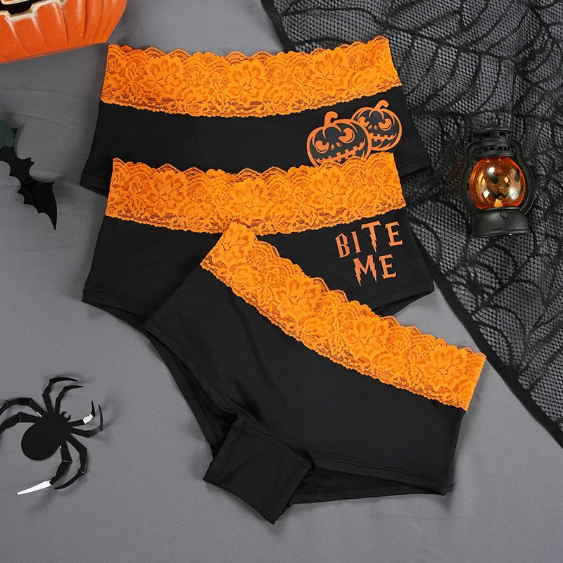 Black Halloween briefs with orange lace, shown in pumpkin and Bite Me designs.