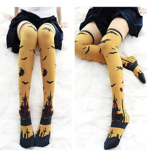 Yellow halloween striped thigh high stockings with creepy cute black bats witch silhouettes and spooky castles