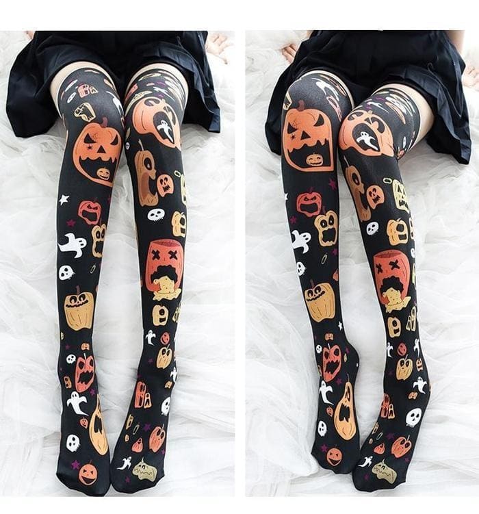 Black halloween striped thigh high stockings with creepy cute orange white yellow pumpkin ghost and skull designs