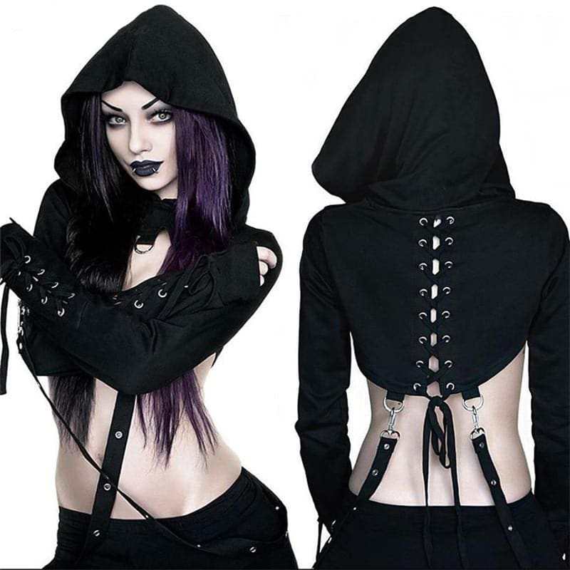 Two views of the black Hexing hooded crop shrug, showing the pointed hood, lace-up back, forearm eyelets and hanging straps.
