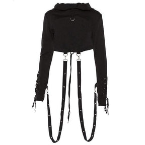 Black hooded crop shrug displayed alone on white, with long sleeves, lace-up cuffs and two hanging suspender-style straps.