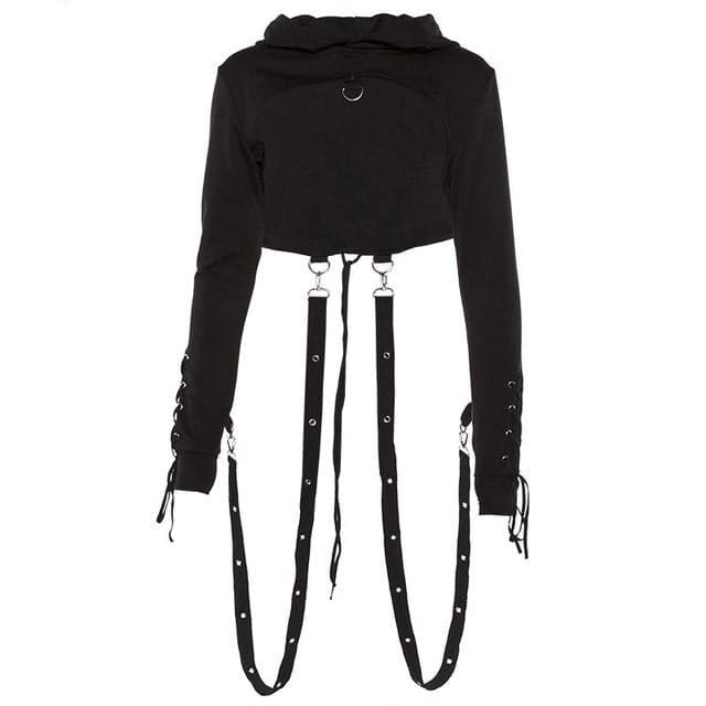 Black hooded crop shrug displayed alone on white, with long sleeves, lace-up cuffs and two hanging suspender-style straps.