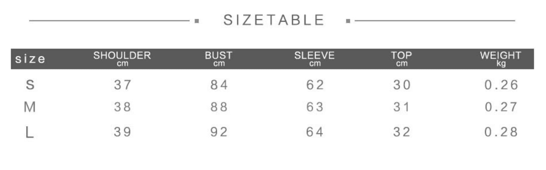 Hexing hooded crop shrug size chart for S, M and L, listing shoulder, bust, sleeve and top length in centimeters, plus garment weight.