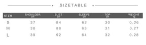 Hexing hooded crop shrug size chart for S, M and L, listing shoulder, bust, sleeve and top length in centimeters, plus garment weight.