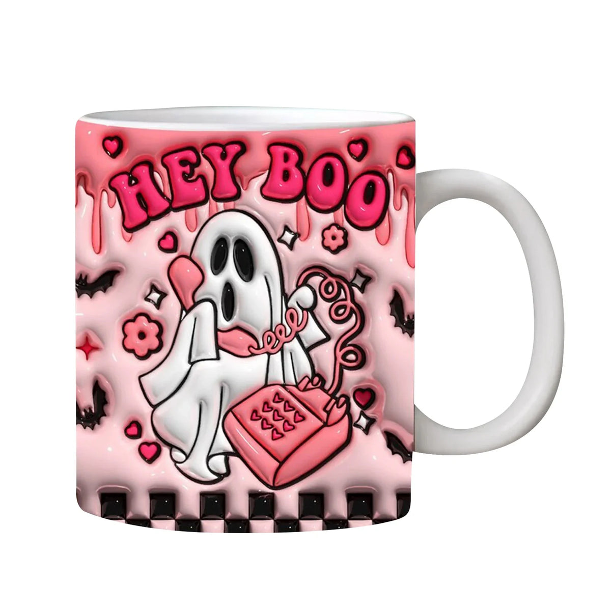 Pink Hey Boo mug featuring a ghost holding a telephone receiver, a checkerboard base and a white handle.