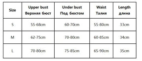 Size chart for lady in lace lingerie set showing measurements in english and russian for lace longline corset with attached garter straps