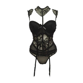 Black lace longline corset with sweetheart neckline and adjustable straps from lady in lace lingerie set with attached garter straps