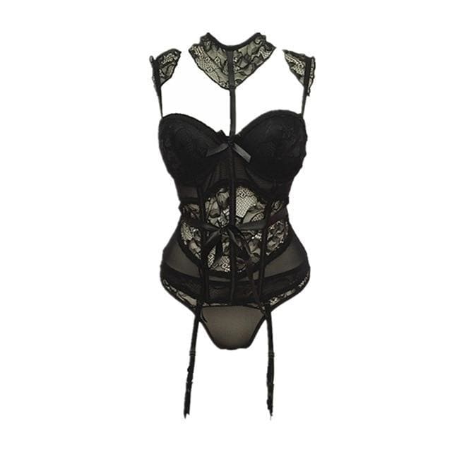 Black lace longline corset with sweetheart neckline and adjustable straps from lady in lace lingerie set with attached garter straps