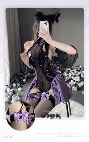 Black and purple lace latex succubus queen corset with sheer mesh panels satin skirt and matching bow details for cosplay
