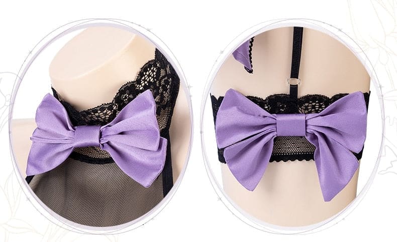 A lavender satin bow tie attached to a black lace garter belt for latex succubus queen cosplay accessory