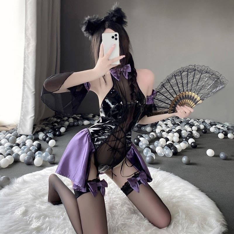 Black and purple cat ear latex succubus queen lingerie set with shiny patent bodice sheer mesh and satin skirt accents