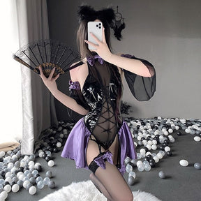 Black and purple latex succubus queen bodysuit with lace-up satin accents sheer mesh panels and matching bows