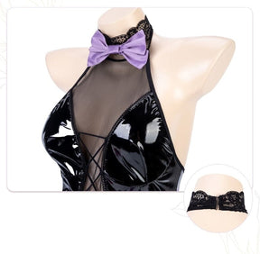 Black patent leather halter top with sheer mesh panels lace trim and purple satin bow for latex succubus queen cosplay
