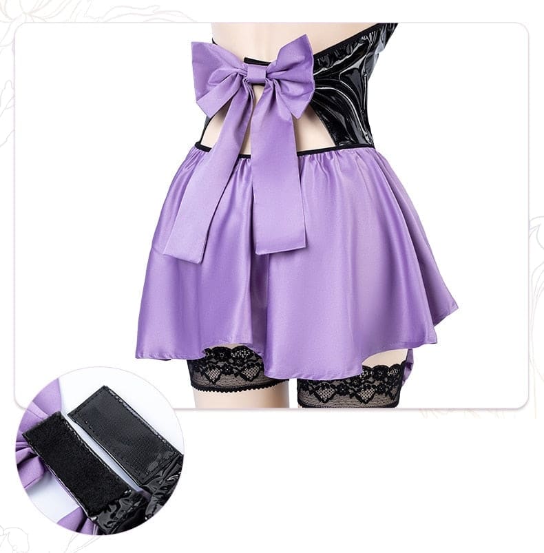 Purple satin skirt with black lace trim and large waist bow for latex succubus queen cosplay outfit