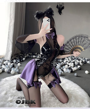 Black and purple lace latex succubus queen bodysuit with sheer mesh panels satin accents and matching bows